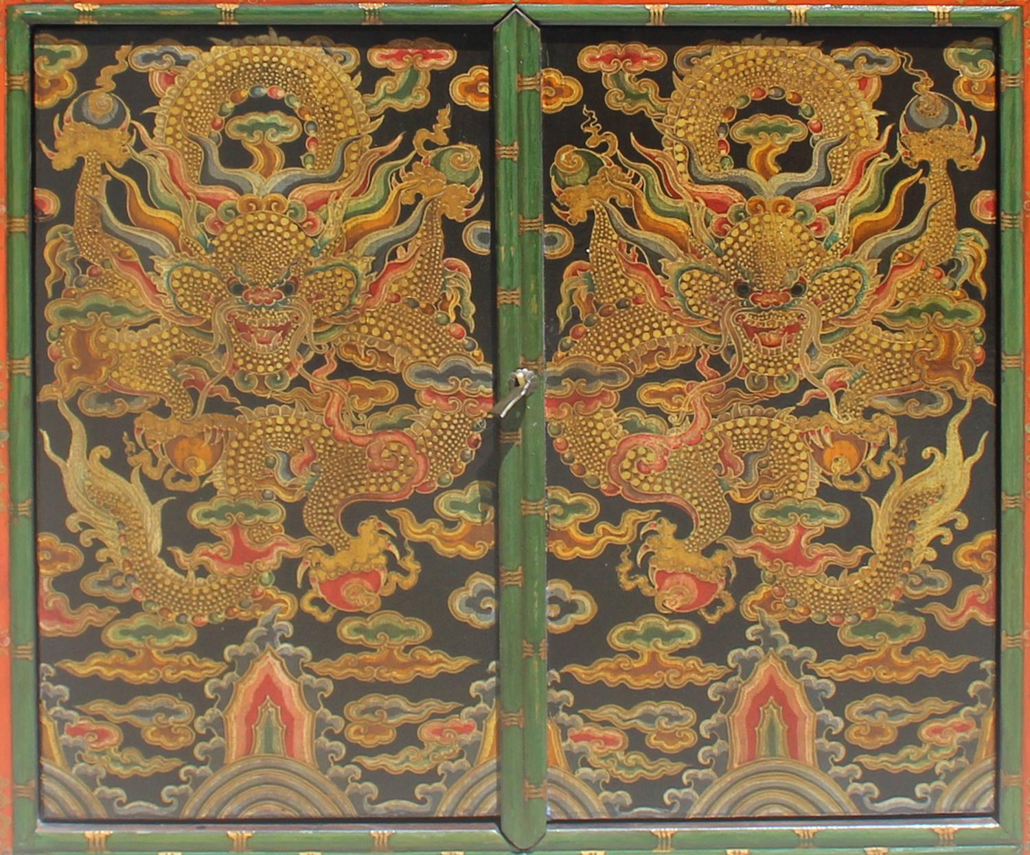 Chinese Tibetan Jewel Flower Elephant Deity Graphic Tall Credenza Cabinet cs4913E